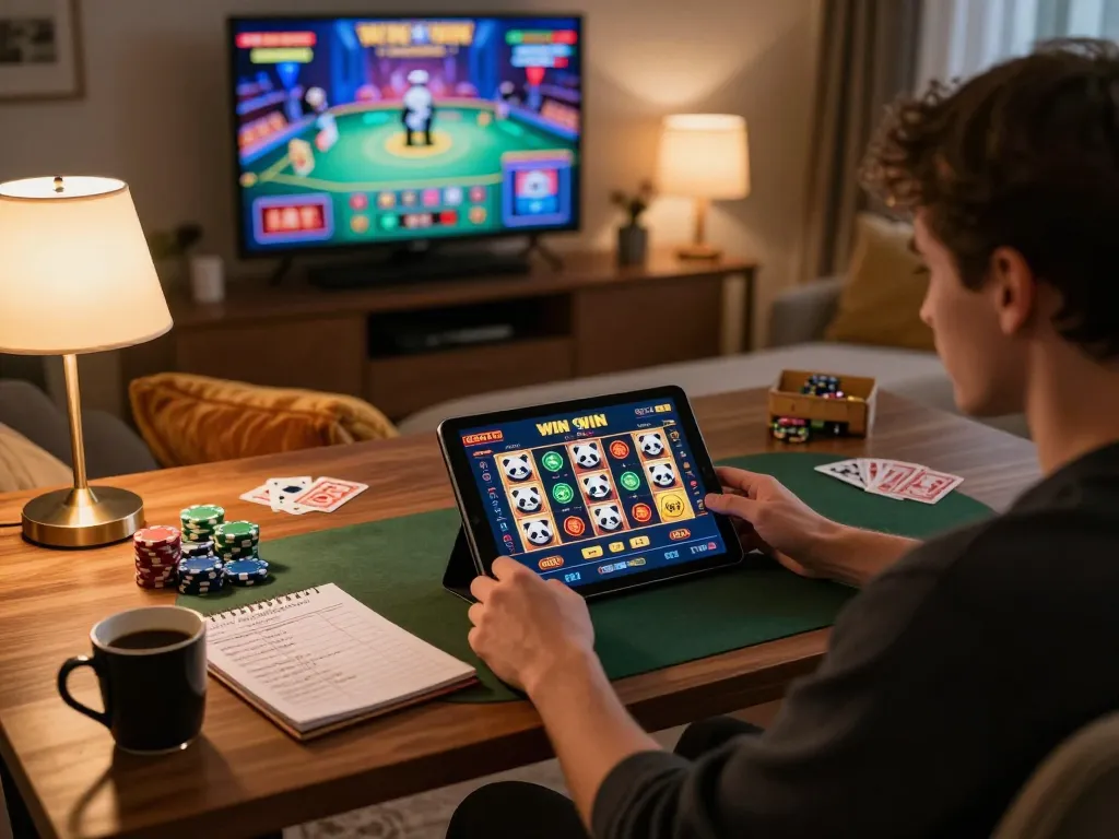 Panda win gaming di tablet di pengaturan rumah yang nyaman, menampilkan permainan yang menarik dan catatan strategis.