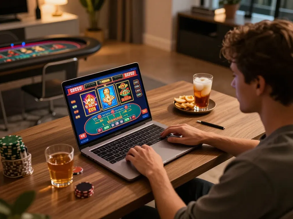 Engaging in online gaming at lc88 with vibrant display and cozy home setup.