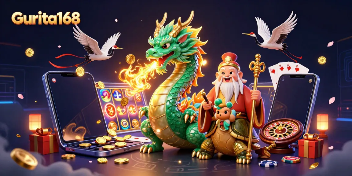 Mainkan slot menarik di Gurita168 dengan naga jade yang menyala dan suasana kasino yang menawan.