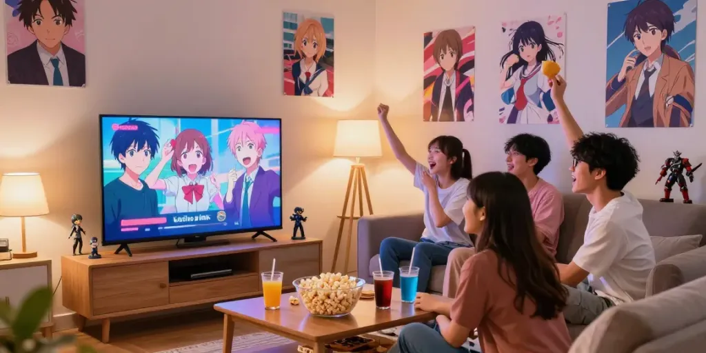 Menonton anime menggunakan APK Kucing Pink di ruang tamu bersama teman dengan suasana yang ceria.