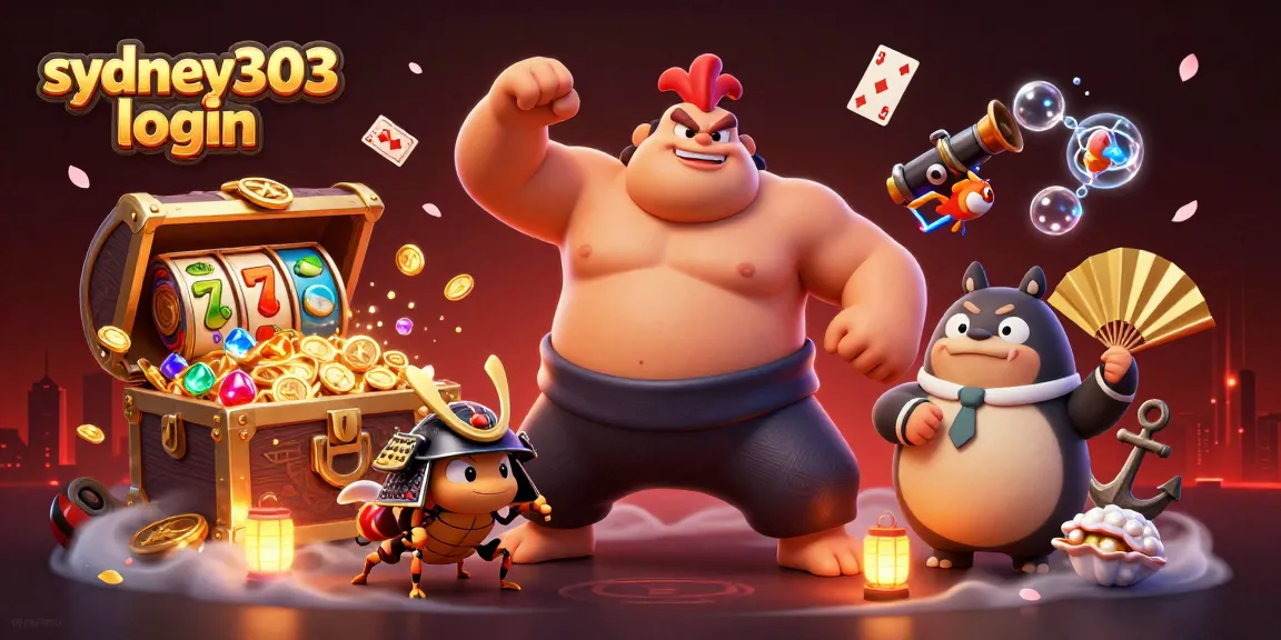 Masuk sydney303 login dalam suasana kasino dengan karakter unik di sekitar harta karun dan simbol slot.