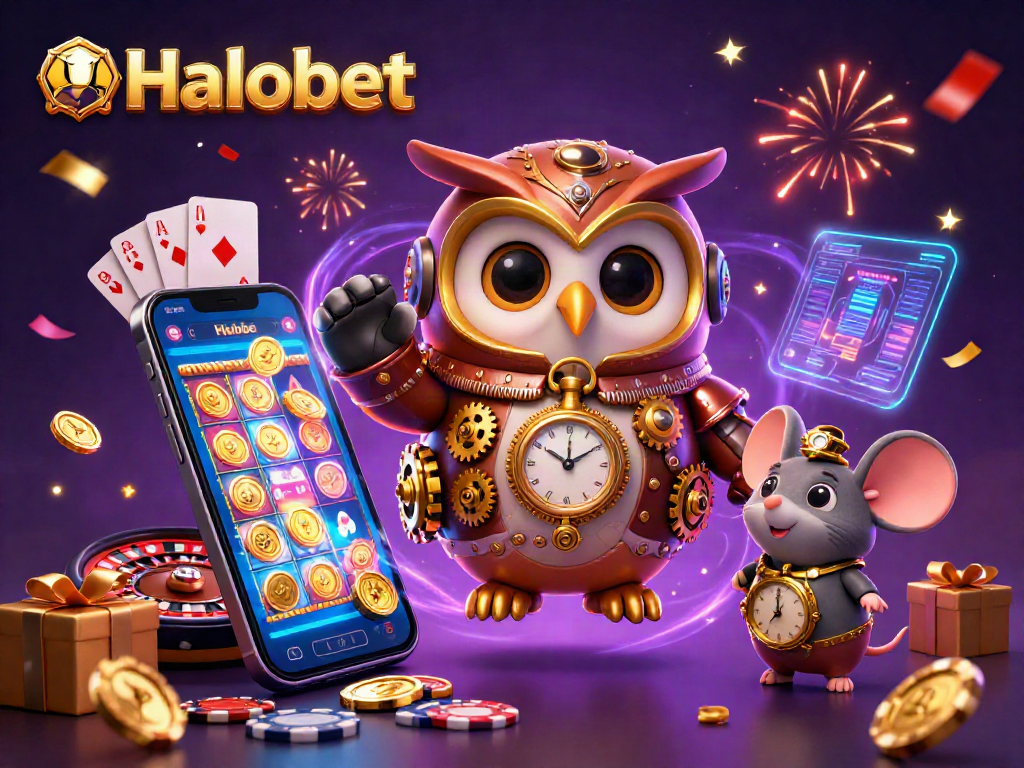 Experience the excitement of Halobet with a dynamic scene of a time-traveler owl in a vibrant casino setting.