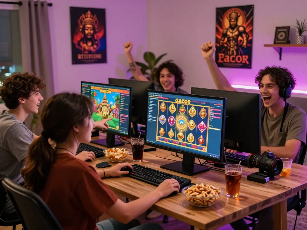 Group playing slot gacor game in a lively gaming setup with snacks and drinks.