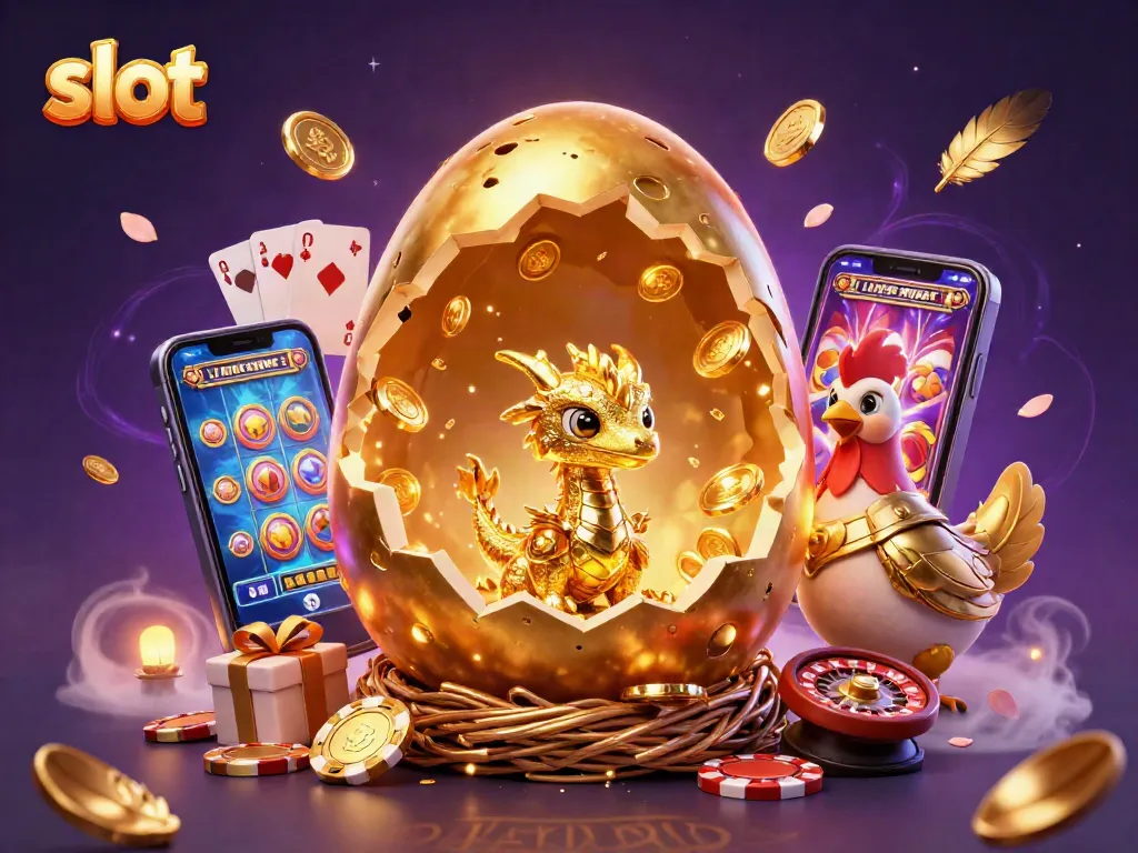 Bermain slot dengan naga emas dan telur raksasa di tengah suasana kasino yang megah.