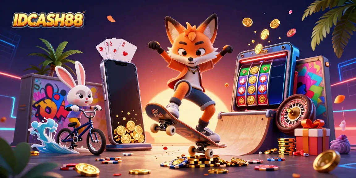 Experience fun at IDCASH88 with vibrant slot games and dynamic casino-themed characters.