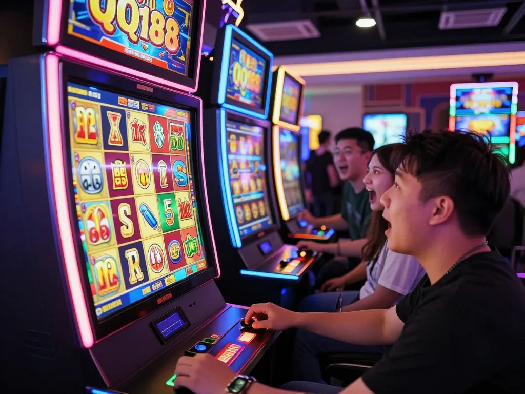 Pemain merayakan kemenangan di mesin Slot QQ188 dalam suasana kasino yang meriah.