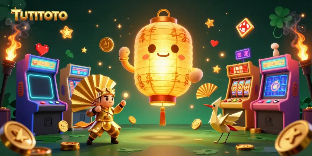 TUTITOTO themed epic casino scene showcasing a glowing lantern spirit amidst vibrant slot machines and golden elements.