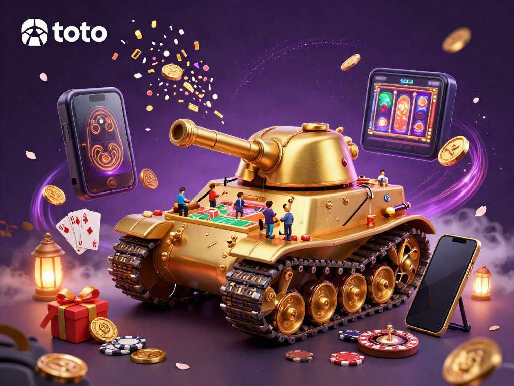 Experience thrilling gaming with toto in a dynamic miniature casino inside a golden beetle tank, bursting with confetti.
