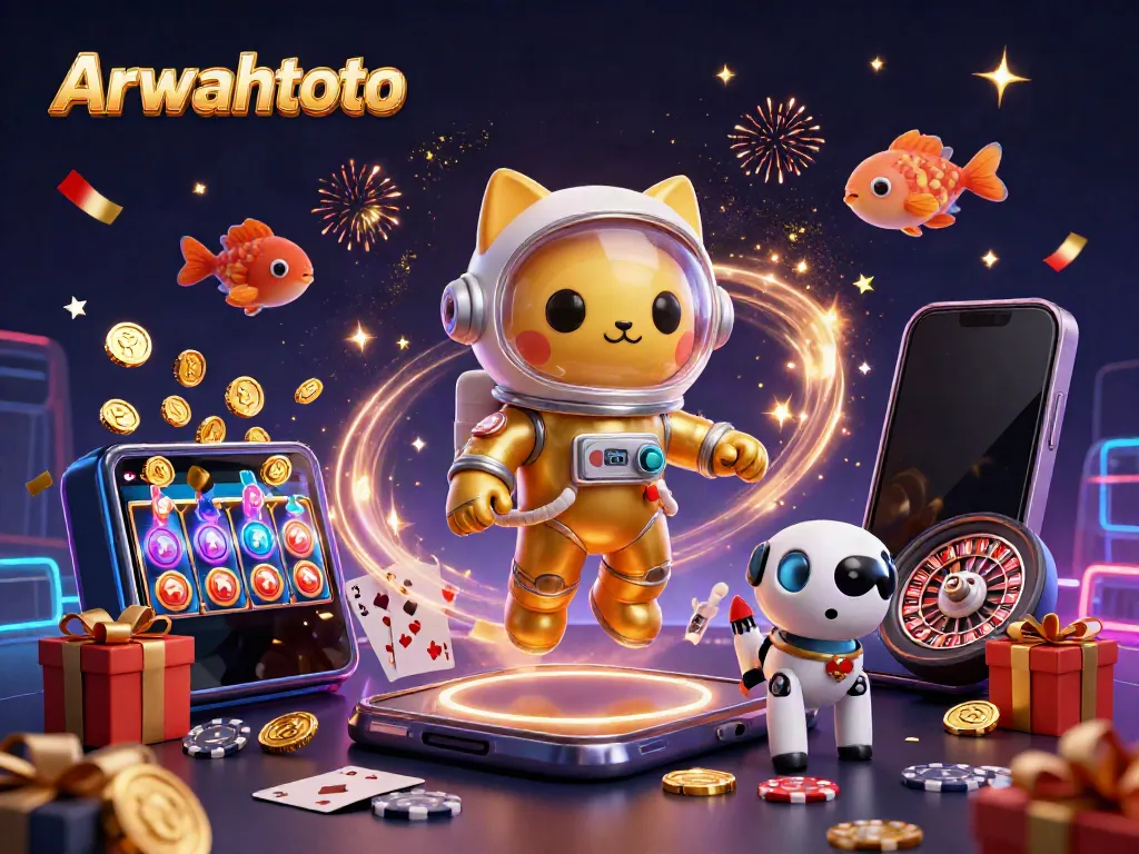 Arwahtoto menyajikan ilustrasi kasino yang menarik dengan kucing astronot dan elemen permainan yang dinamis.
