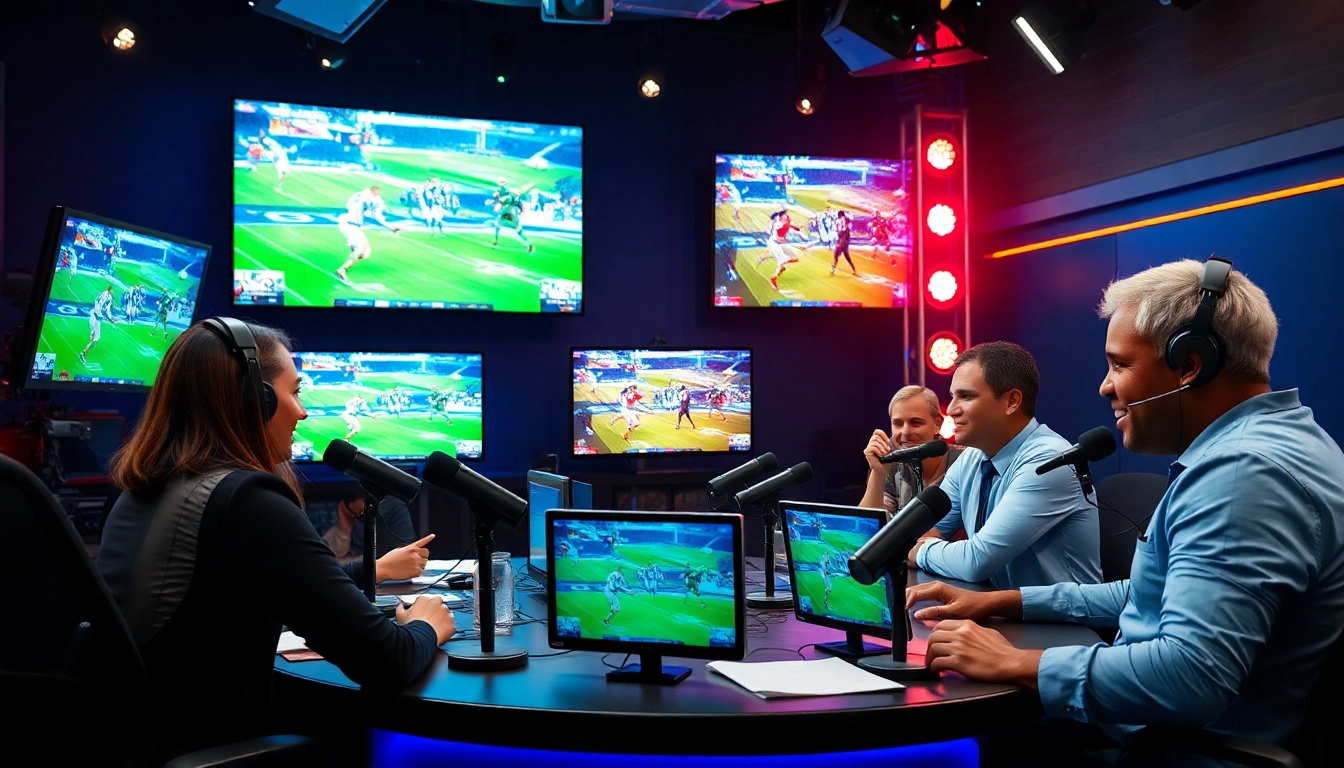 Engaging scene of Sports Broadcasting hosts discussing live sports events in a vibrant studio.