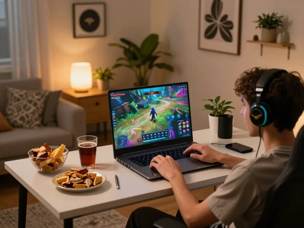Engaging with VENOM889 idle-RPG on a laptop in a cozy home setup.
