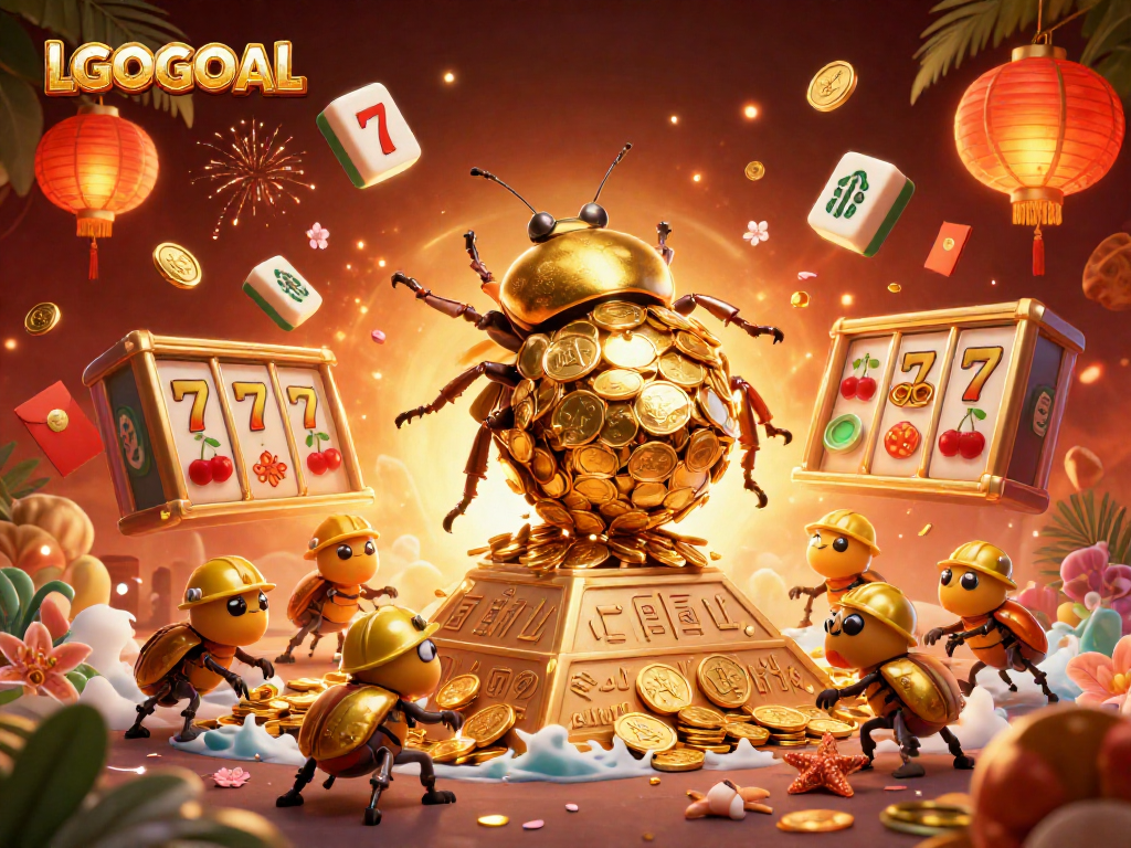 Experience winning strategies with LGOGOAL's vibrant casino design showcasing a golden dung beetle with coins.