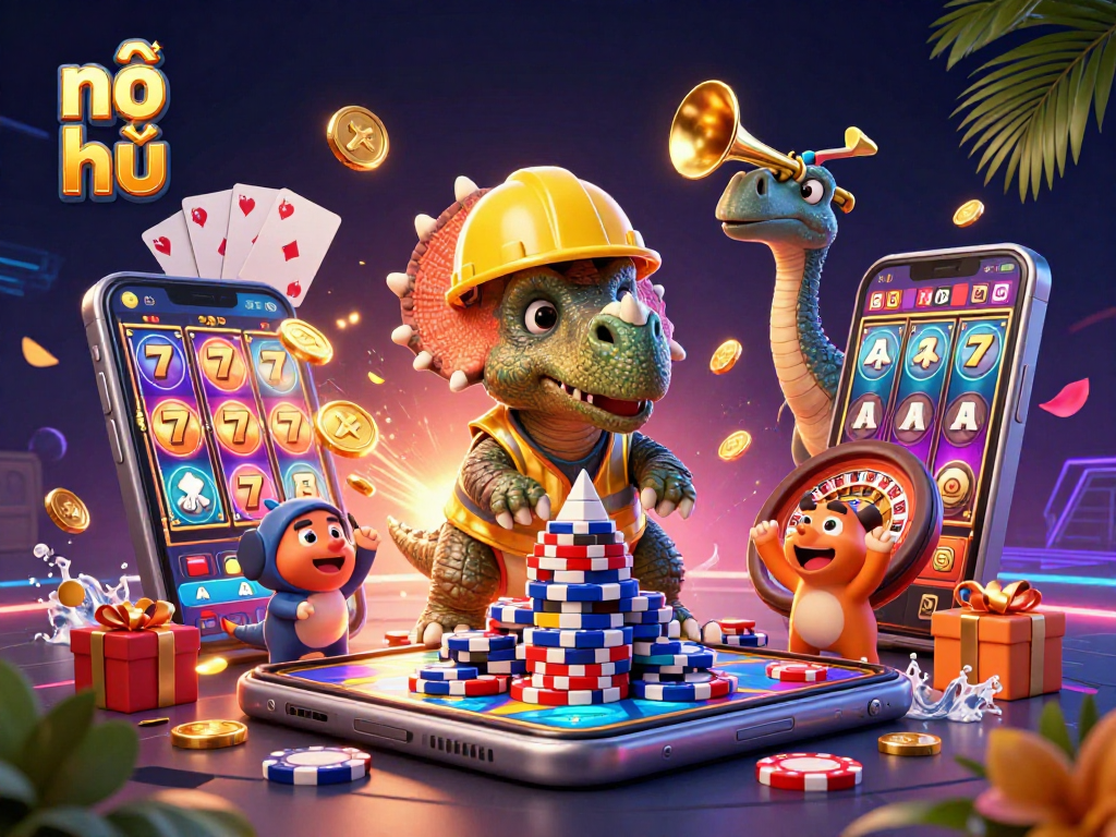 Engaging nổ hũ scene with colorful slot game, playful dinosaurs, and casino elements in a vibrant 3D illustration.