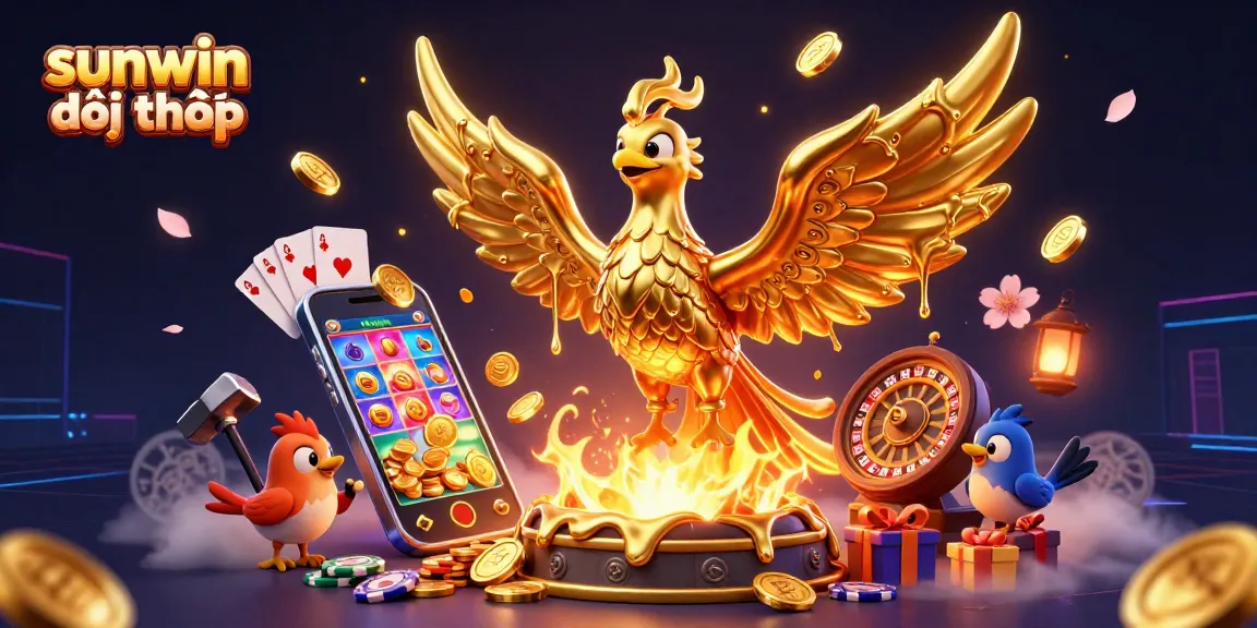 Experience sunwin đổi thưởng excitement with a golden phoenix and dynamic casino games in this vibrant 3D illustration.