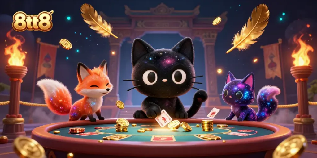 Experience thrilling gameplay with 8tt8's cosmic casino scene featuring a black hole cat attracting gold.