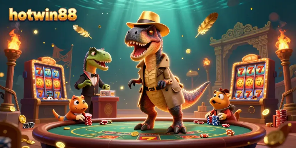 Experience the thrill with hotwin88, featuring a velociraptor at a blackjack table amid dynamic casino elements.