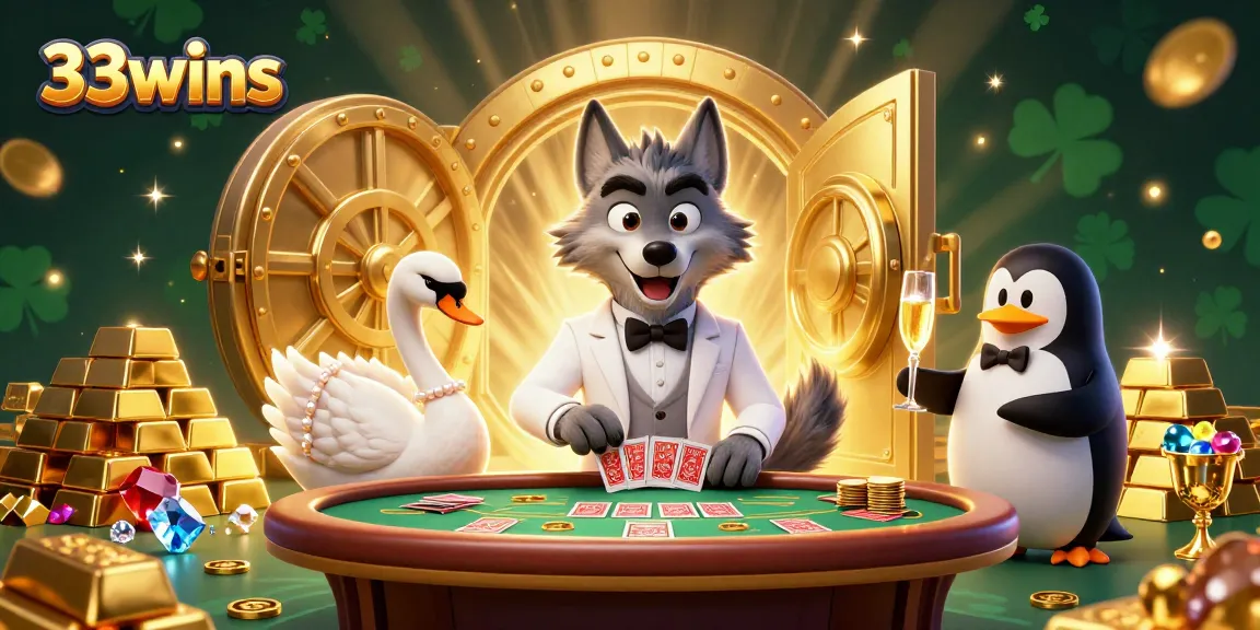 Experience the thrilling atmosphere of 33wins with a debonair wolf at baccarat, gems, and champagne.