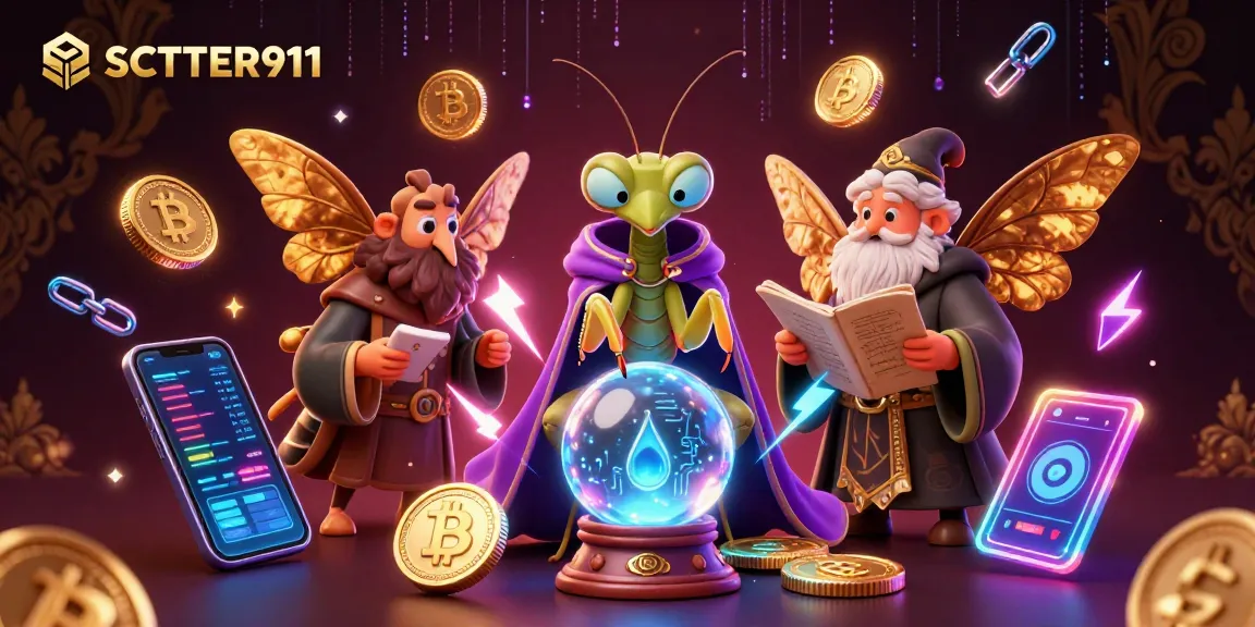 Enhance your SCATTER911 gaming experience with this vibrant 3D illustration of fortune tellers and crypto elements.