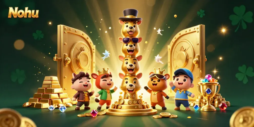Nohu showcases vibrant 3D casino fun with a golden totem pole and sparkling treasures.