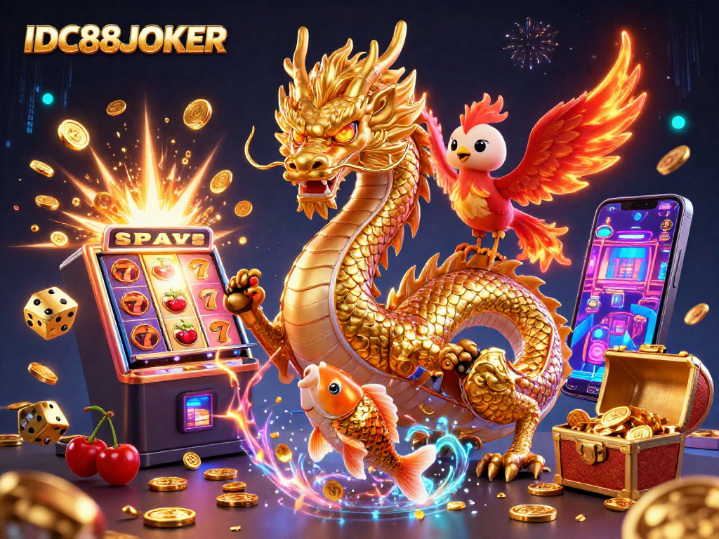 Experience exciting gameplay with IDC88JOKER in this vibrant 3D casino scene.