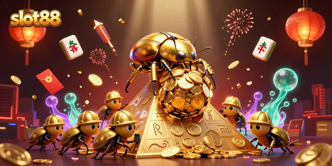Experience the excitement of slot88 with this dynamic illustration featuring golden dung beetles and casino symbols.