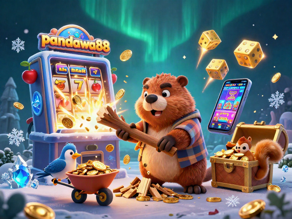 pandawa88 memenangkan permainan kasino dengan beaver mengumpulkan koin emas dalam ilustrasi 3D