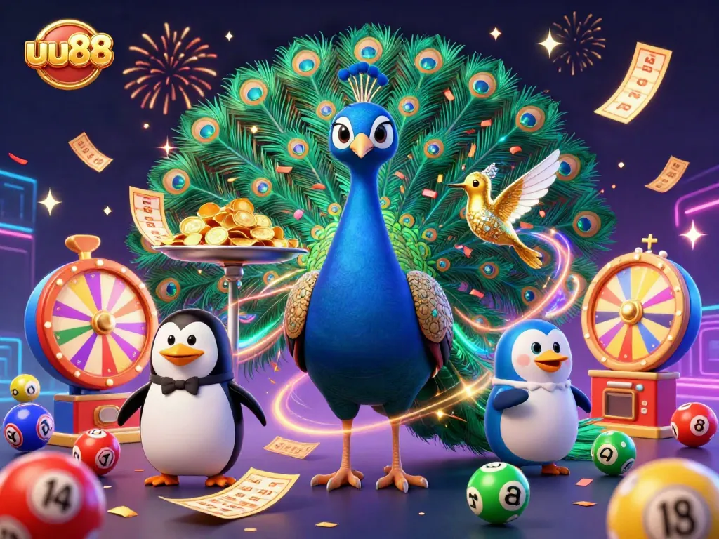 uu88 celebrates casino gaming with a colorful, vibrant illustration featuring characters and lottery elements.