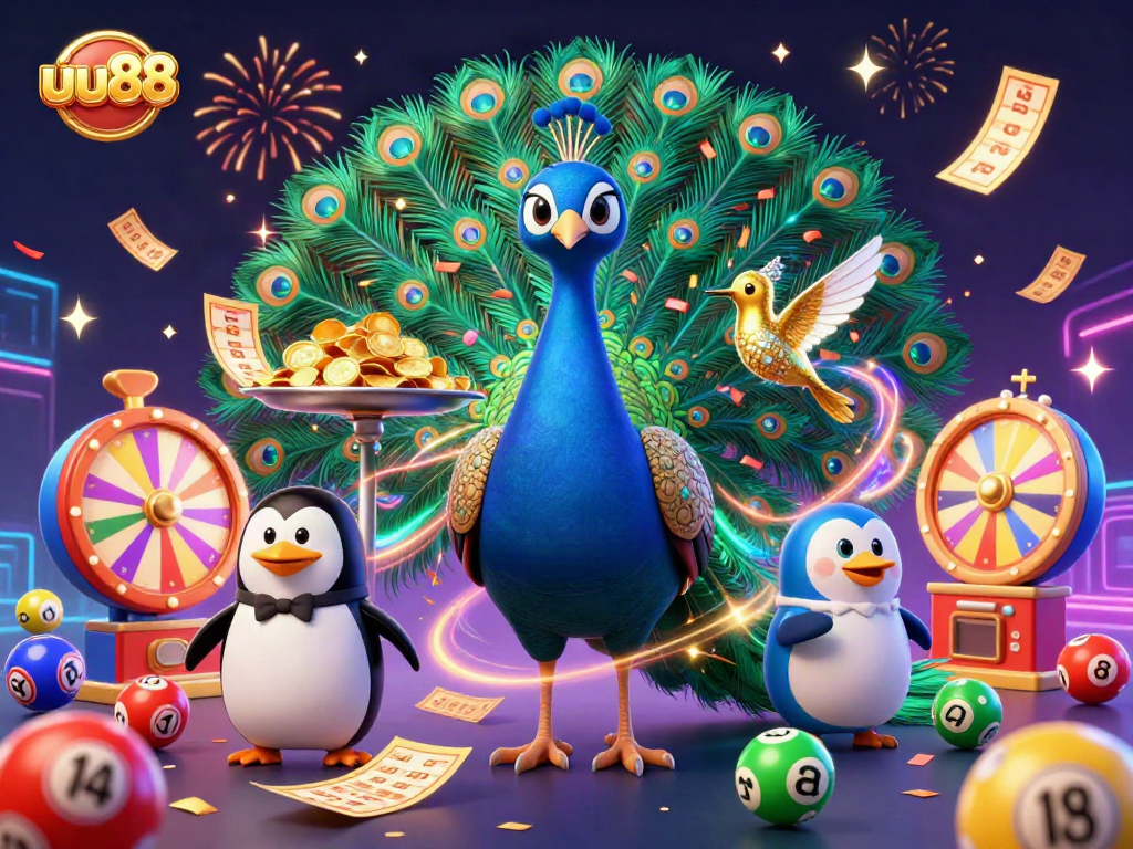 uu88 celebrates casino gaming with a colorful, vibrant illustration featuring characters and lottery elements.