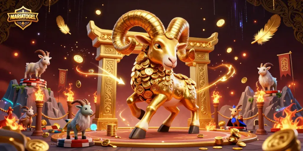 Engage with MARIATOGEL's thrilling universe through a captivating 3D illustration of a golden ram charging at a temple gate, surrounded by vivid gaming elements.