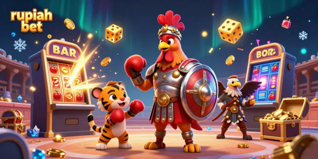 Experience the thrill of casino gameplay with rupiah bet, featuring a vibrant scene of a cartoon rooster in battle.