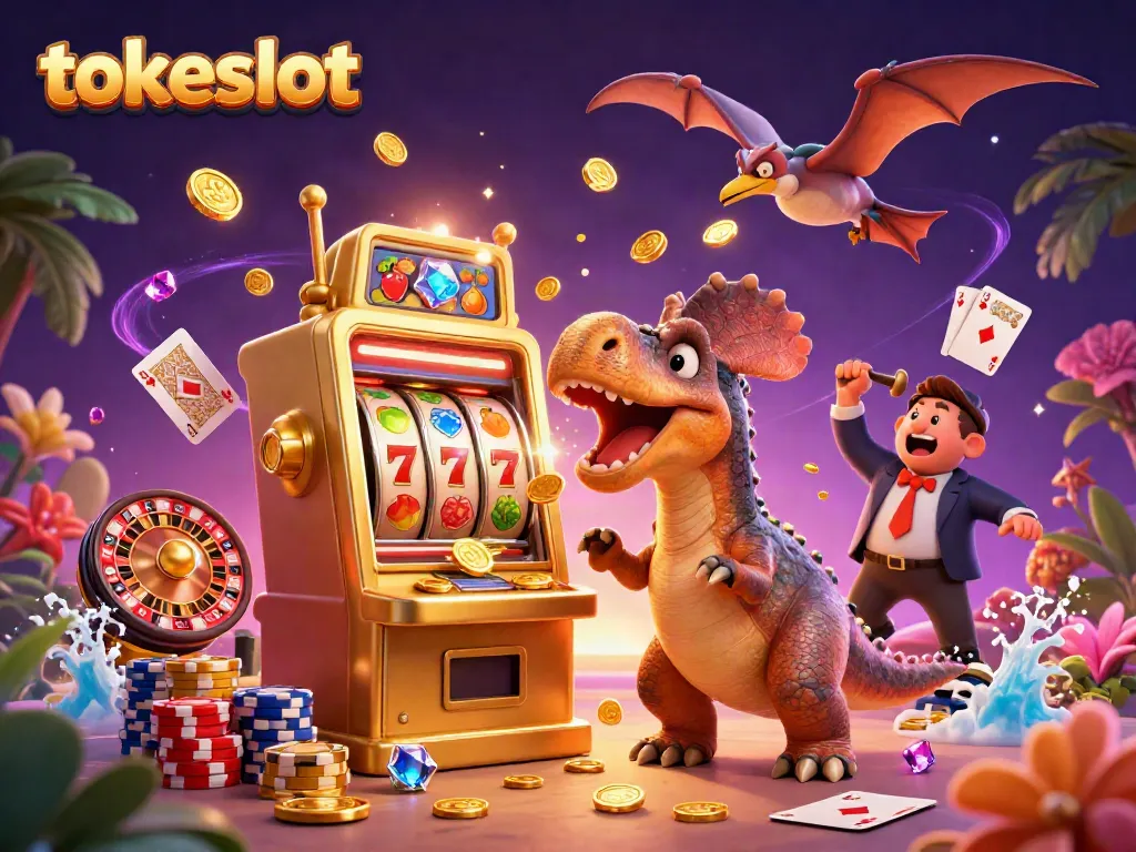 Tokeslot showcases a fun, vibrant 3D casino scene with a pachycephalosaurus winning big at a slot machine.