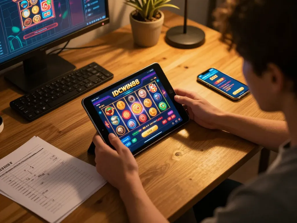 Engaged player enjoying IDCWIN88 slot games on tablet, showcasing vibrant graphics.