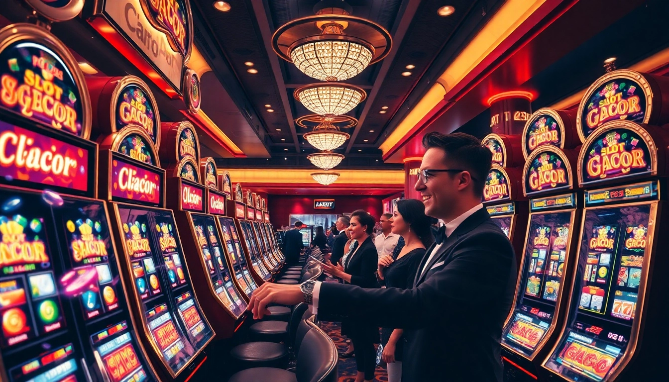 Excited players engaging with slot gacor machines in a luxurious casino setting.