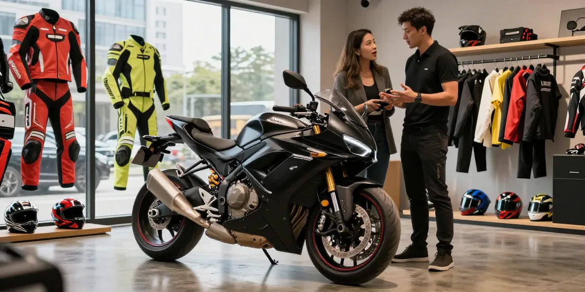 Motor showroom menampilkan Link LUXURY777 dengan sepeda motor mewah dan peralatan balap yang menarik.