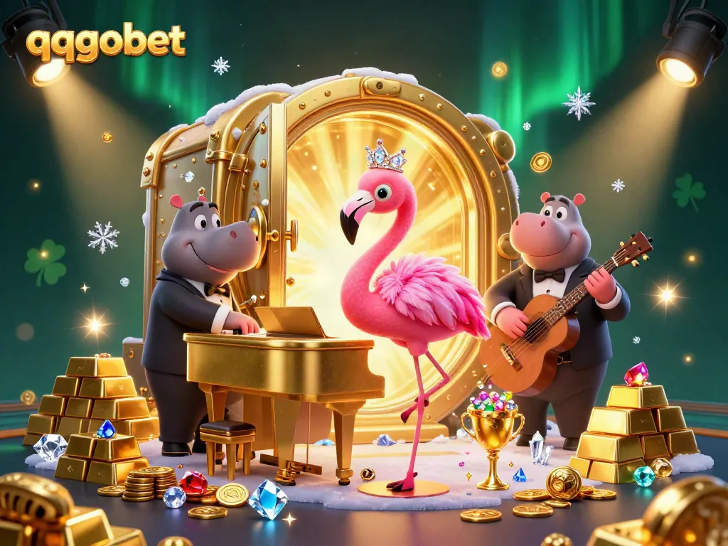 Experience the vibrant energy of qqgobet with a lively casino scene featuring characters and treasures.