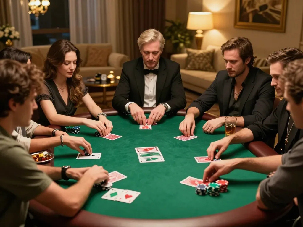 MPOID poker game scene with players engaged at a high-stakes table, showcasing intense gameplay and strategy.