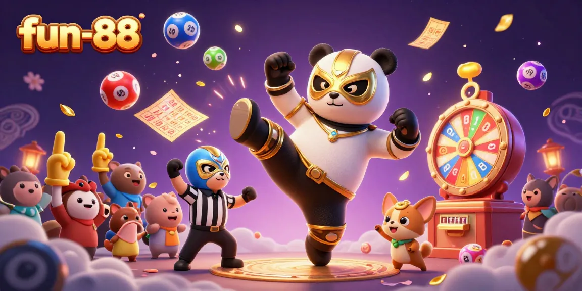 Fun-88 interactive gaming scene featuring a panda wrestler, festive lottery elements, and engaging character dynamics.