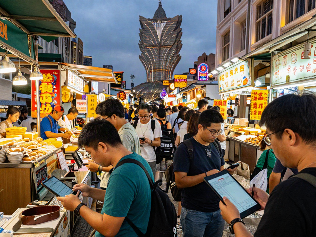 Dynamic Togel market scene in Macau showcasing rajabandot activities with vibrant lights and crowds.