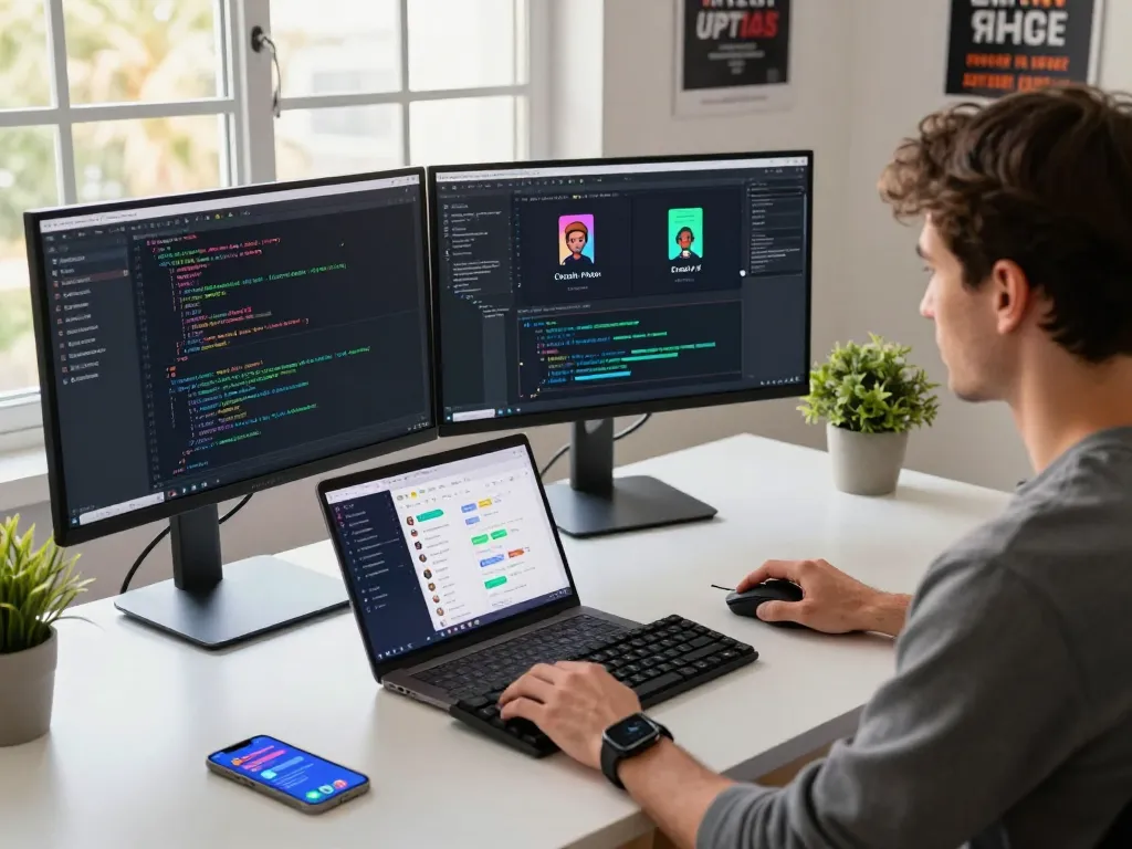 Developer engaging with crush ai platform in modern workspace, showcasing dual monitors and coding tools.