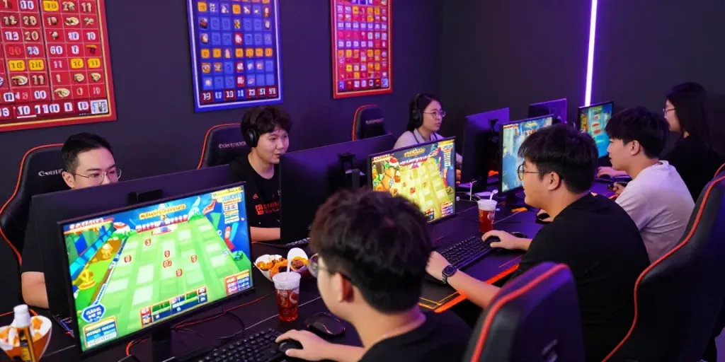 Engaging Bandar Togel gaming experience with friends around computer setup.