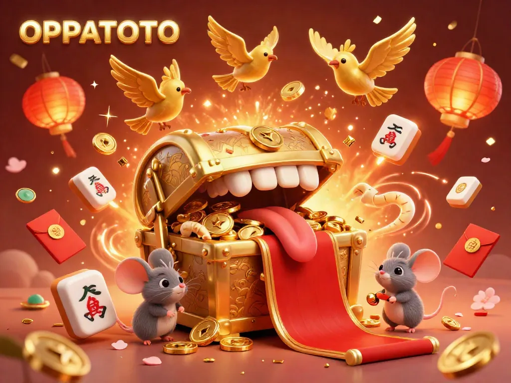 Engage with OPPATOTO's vibrant casino world featuring animated elements, rich treasures, and festive fireworks.