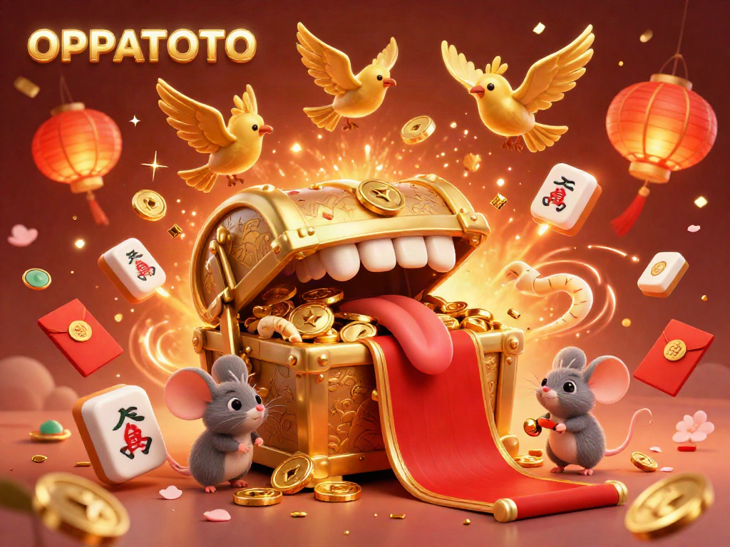 Engage with OPPATOTO's vibrant casino world featuring animated elements, rich treasures, and festive fireworks.
