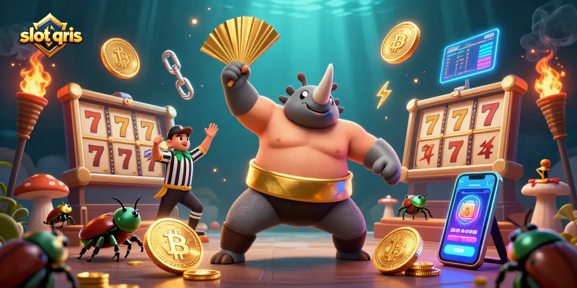 Engaging scene of slot qris with a sumo beetle champion, golden coins, and dynamic game elements.