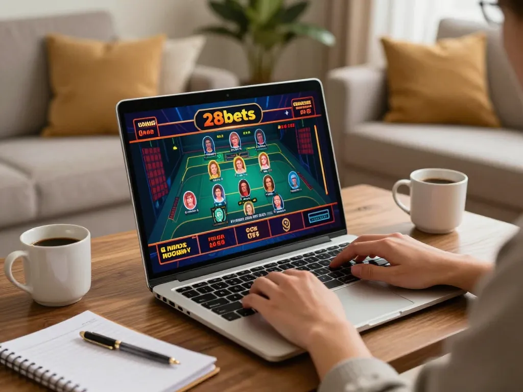 Player enjoying 28bets casino experience on laptop in cozy home setup