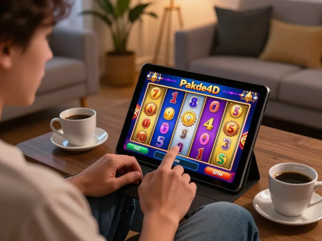 Engaging in an exciting slots game on Pakde4D tablet at home, showcasing responsible gaming.