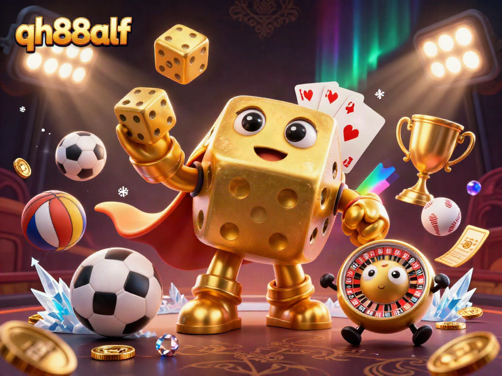 Engaging QH88 online casino illustration with golden dice, dynamic sports elements, and captivating background.