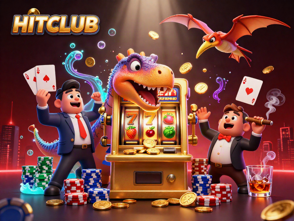 HITCLUB pachycephalosaurus strikes a slot machine, unleashing jackpot coins in a vibrant casino.