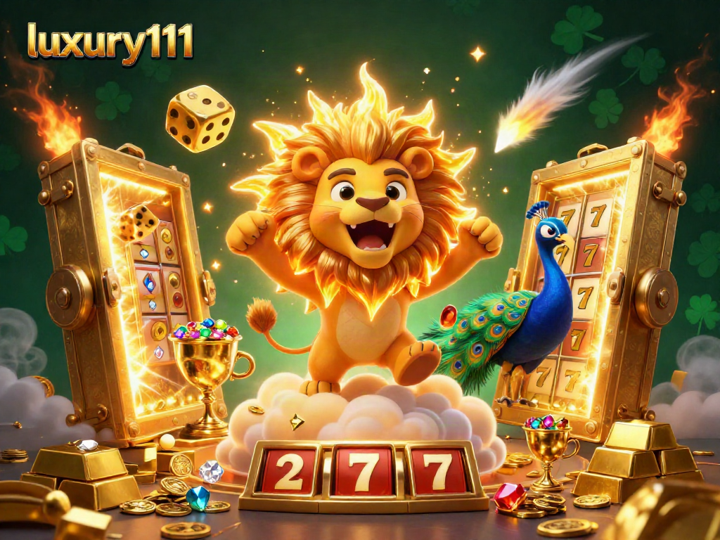Experience luxury111 with vibrant 3D casino illustration featuring a lion and dazzling slot elements.