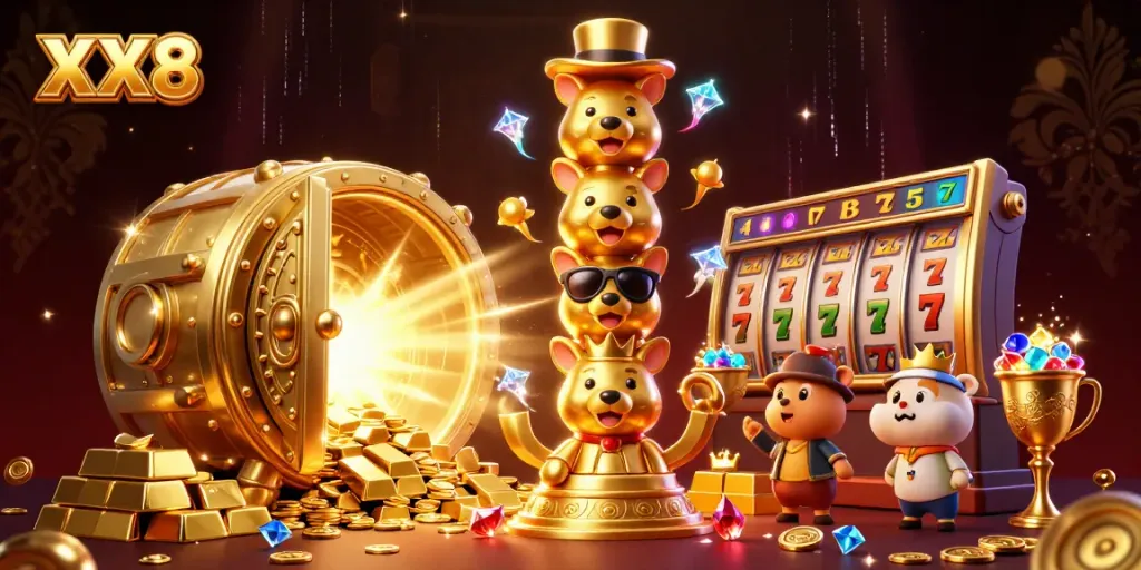 Experience thrilling slots action at XX8 with a dazzling golden totem and jackpot treasures.