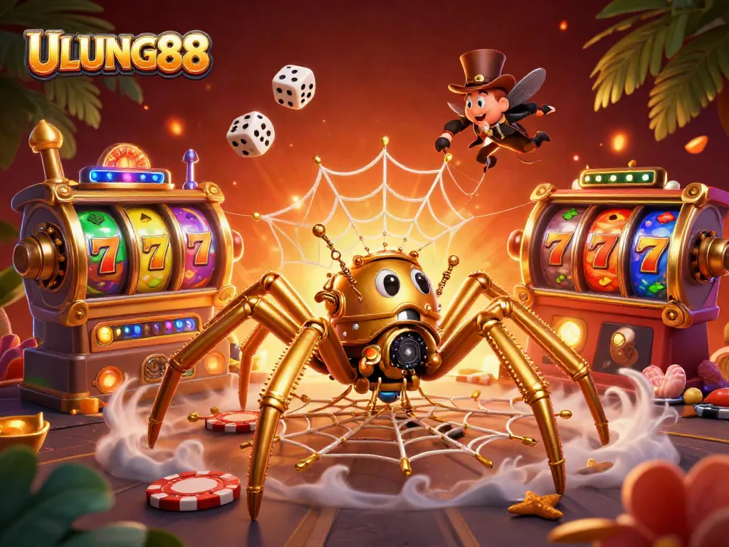 Engage with ULUNG88 through a vibrant casino adventure featuring a golden spider, slot reels, and playful elements.